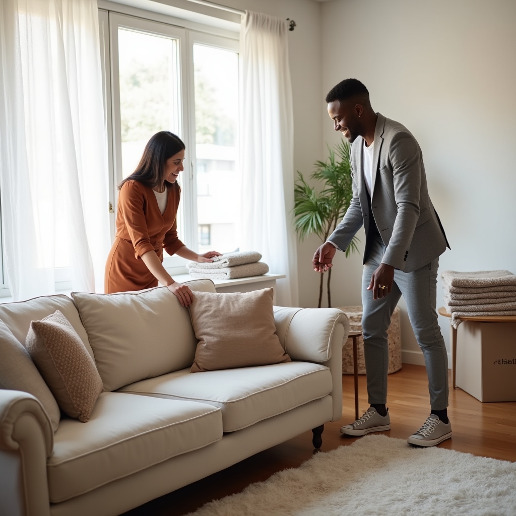 Living amenajat rapid după mutare cu mobilier poziționat funcțional