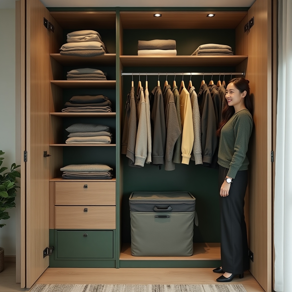 Dulap modular organizat pe categorii de haine și accesorii