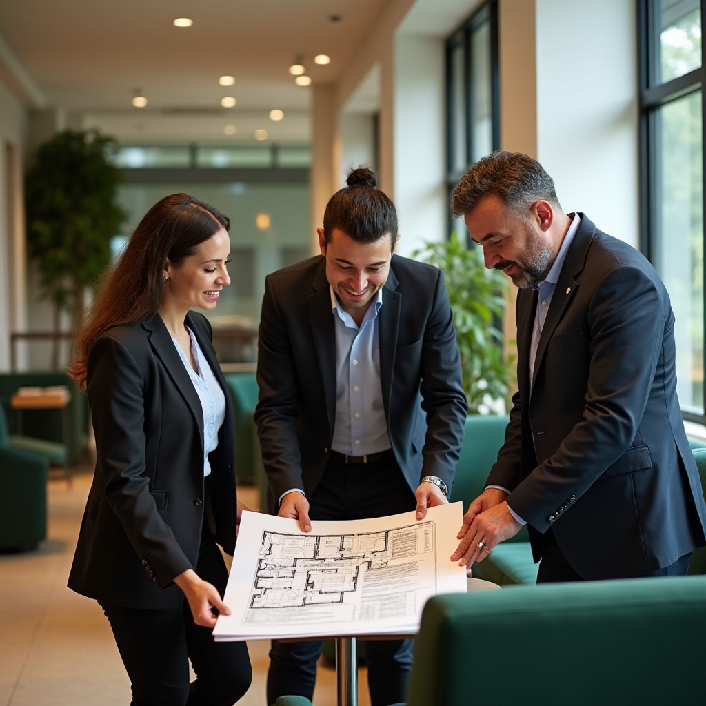 Echipă de consultanți în organizarea spațiului discutând un plan de amenajare