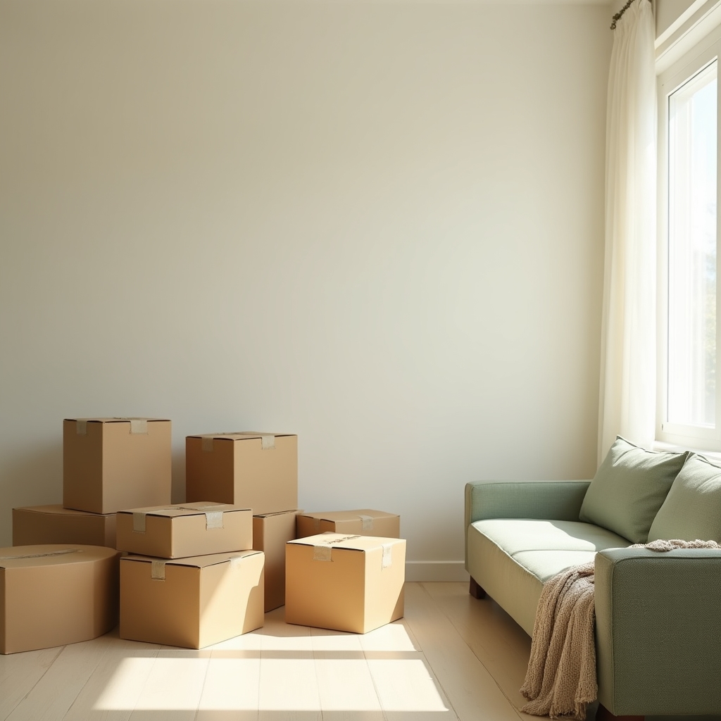 Sufragerie minimalistă cu ultimele cutii de mutare aranjate ordonat lângă perete